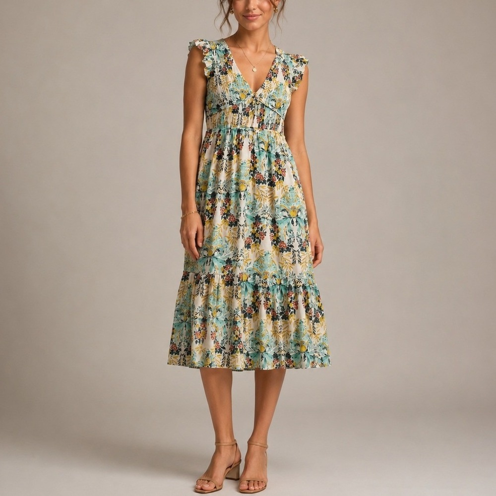 Anthropologie Peregrine Midi Dress L Chartreuse Floral‎ Smocked Boho Cottagecore